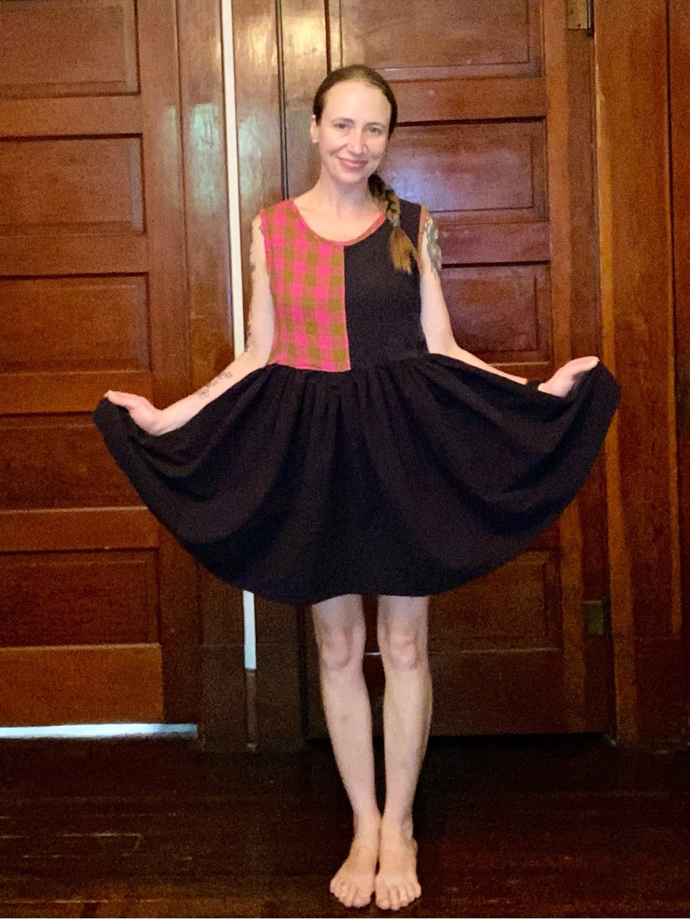 EUC Hand Sewn Sleeveless Two Tone Mini Dress w/ Full Circle Skirt